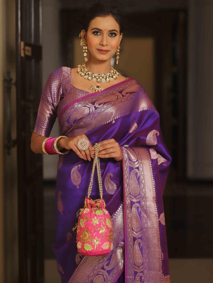 Vijayalakshmi - Purple Kanjivaram Silk Saree with Gold Paisley Zari Border