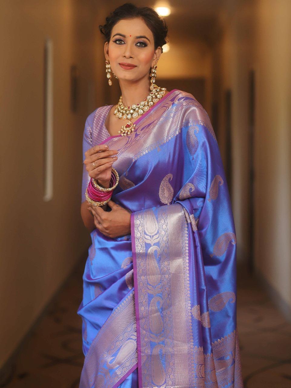Vijayalakshmi - Blue Kanjivaram Silk Saree with Gold Paisley Zari Border