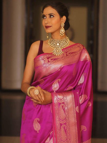 Vijayalakshmi - Pink Kanjivaram Silk Saree with Gold Paisley Zari Border