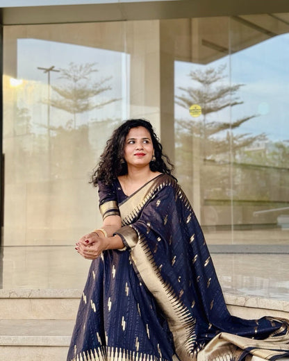 Meenakshi - Black Cotton Silk Saree with Gold Butta Weave and Contrast Border