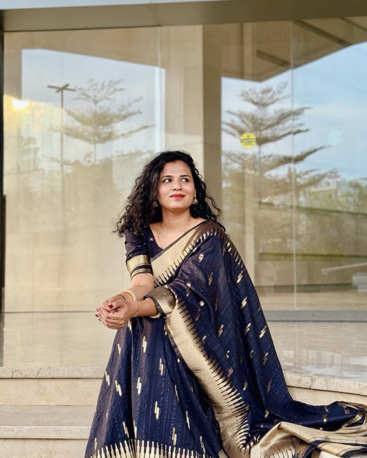 Meenakshi - Black Cotton Silk Saree with Gold Butta Weave and Contrast Border