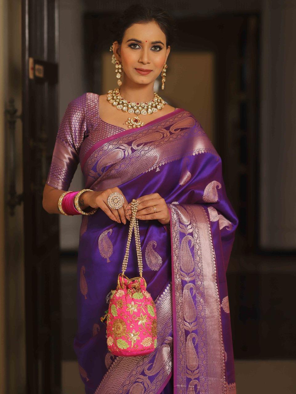 Vimla - Purple Banarasi Silk Saree with Golden Paisley Weaving