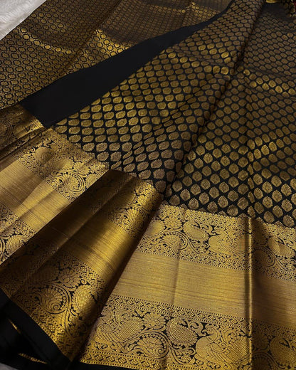 Shruti – Black Gold Banarasi Soft Silk Saree with Antique Zari Butti & Royal Border