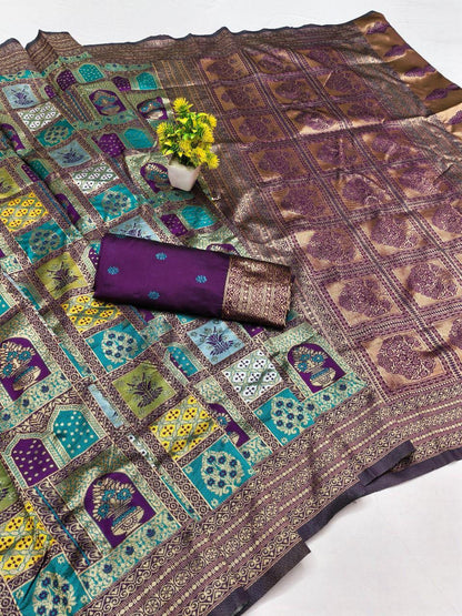 Sabita – Teal Blue Banarasi Soft Silk Saree with Multicolor Zari Panel Design