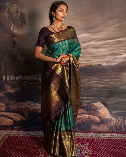 Pushpa – Emerald Green Banarasi Soft Silk Saree with Gold Checks & Contrast Zari Border