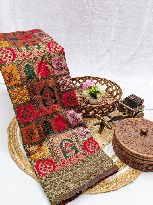 Sabita – Maroon Red Banarasi Soft Silk Saree with Traditional Zari Panel Weave