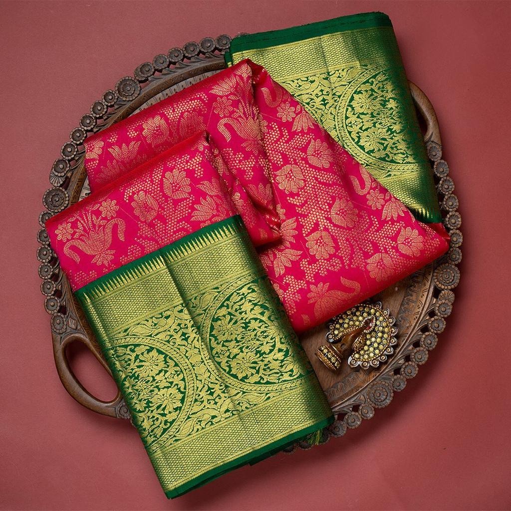 Leelavati – Pink Banarasi Silk Saree with Dual Green Blouse Pieces (Jacquard & Embroidered)