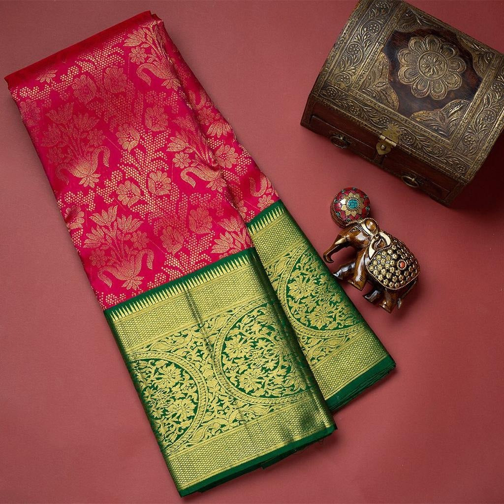 Leelavati – Pink Banarasi Silk Saree with Dual Green Blouse Pieces (Jacquard & Embroidered)