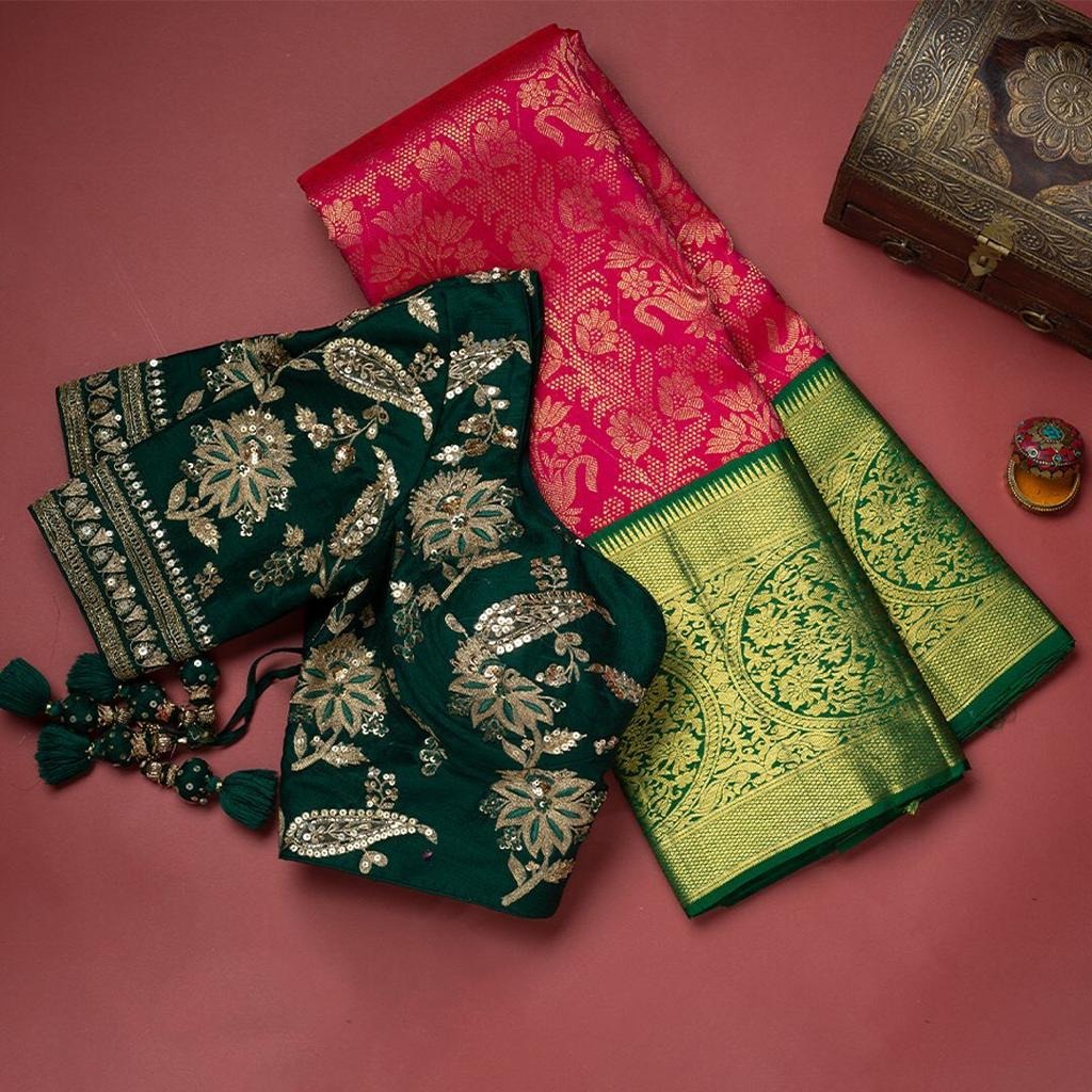Leelavati – Pink Banarasi Silk Saree with Dual Green Blouse Pieces (Jacquard & Embroidered)
