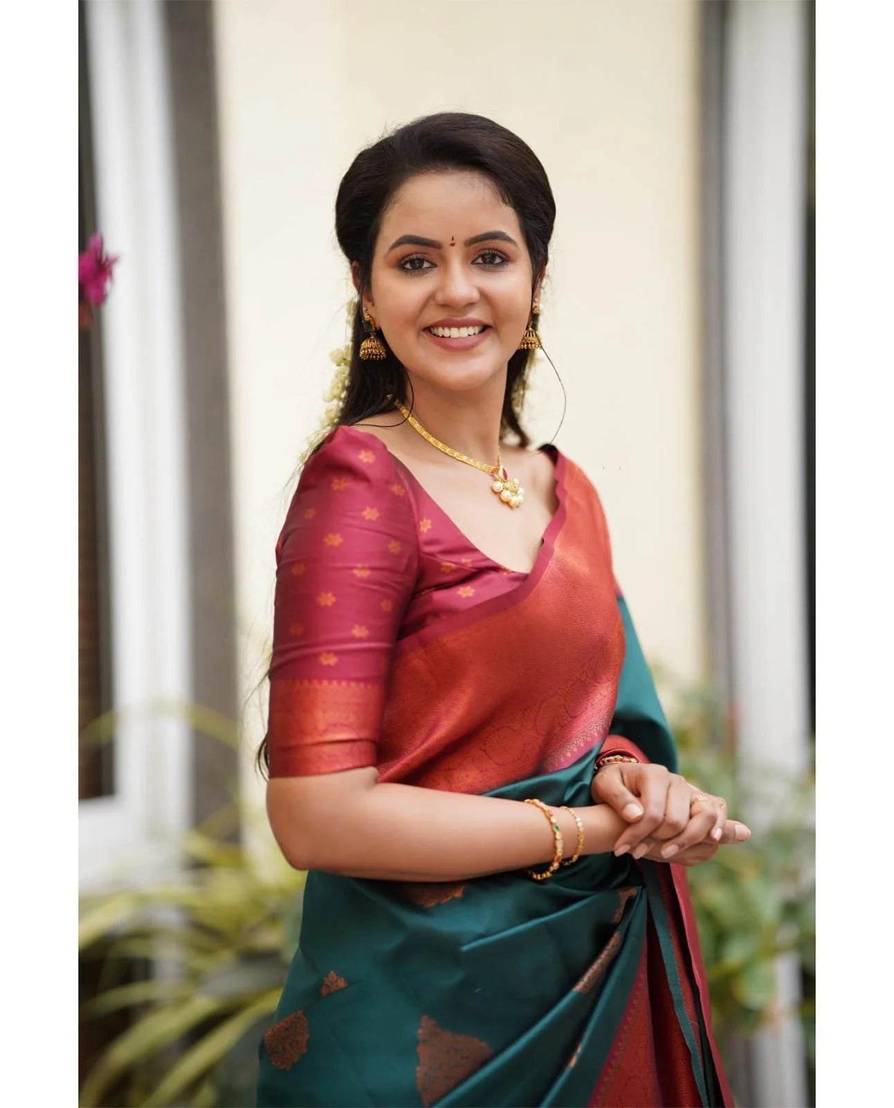Kavya - Rama Soft Banarasi Silk Saree with Copper Jacquard Buttas