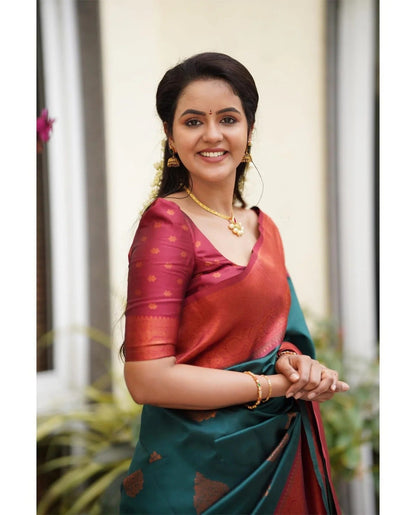 Kavya - Rama Soft Banarasi Silk Saree with Copper Jacquard Buttas