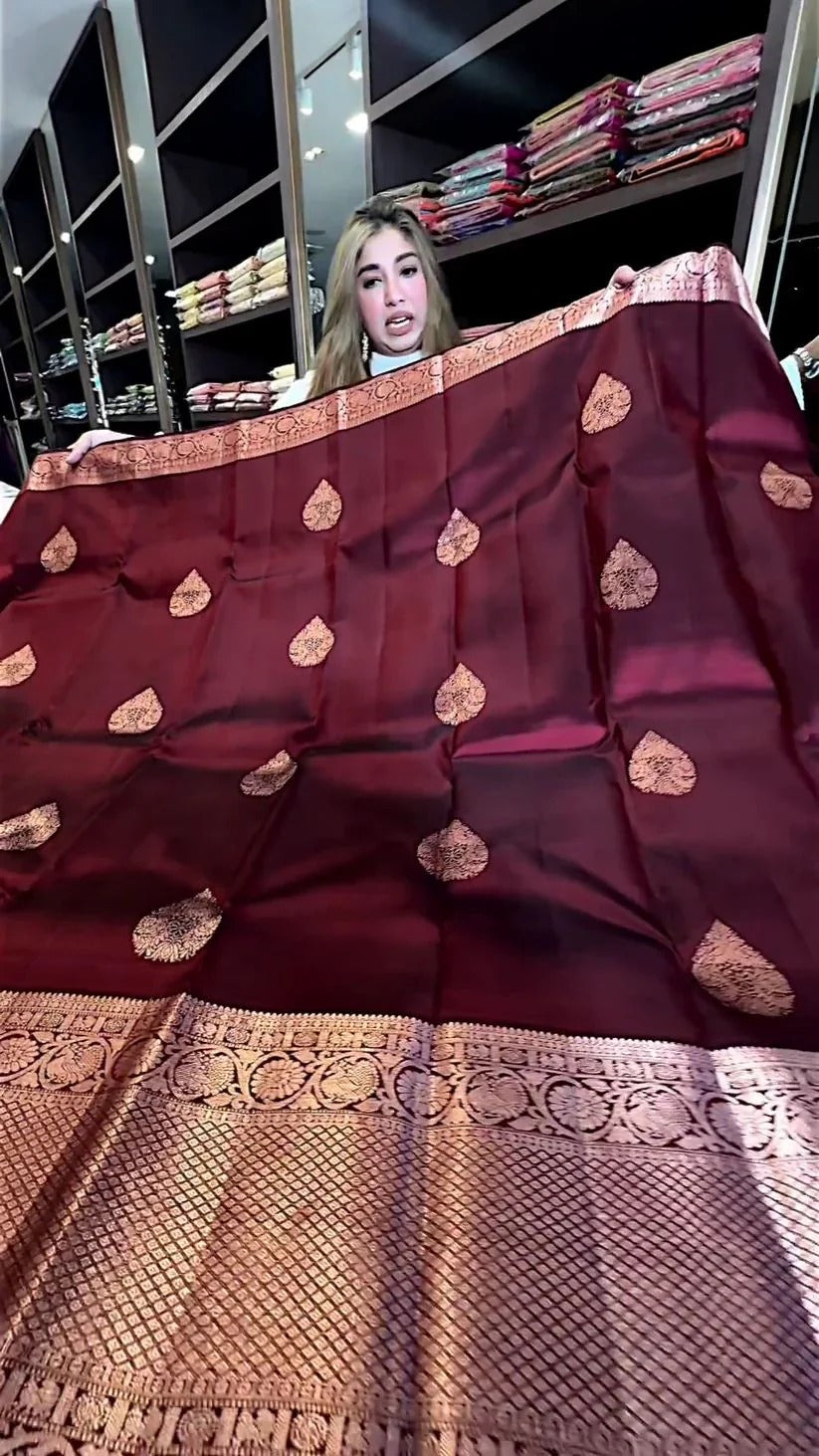 Aastha - Wine Soft Silk Saree with Jacquard Woven Motifs