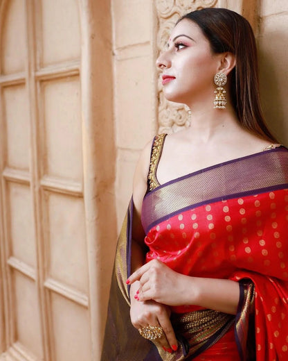 Rajeshwari – Dark Pink Banarasi Silk Saree with Contrast Blue Jacquard Blouse