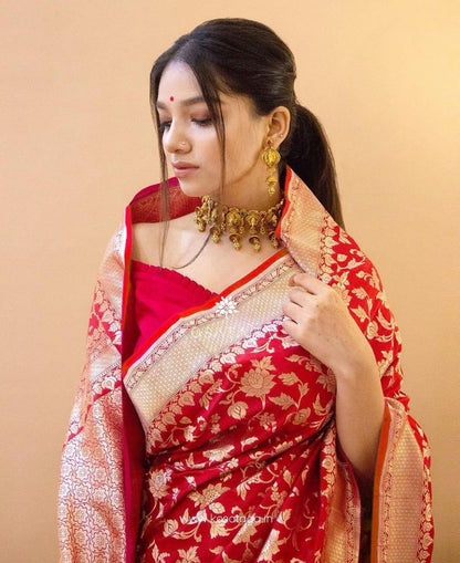 Shanvika - Red Soft Banarasi Silk Saree with Golden Jacquard Floral Weave
