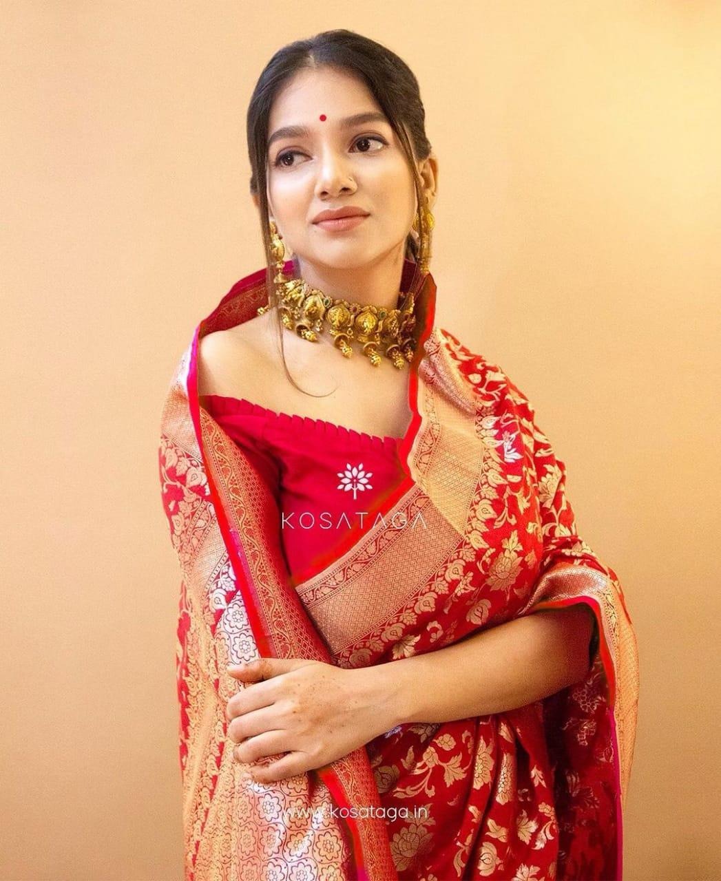 Shanvika - Red Soft Banarasi Silk Saree with Golden Jacquard Floral Weave