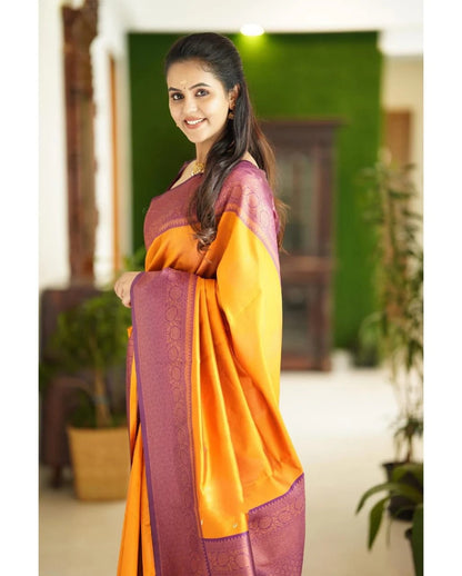 Kavya - Yellow Soft Banarasi Silk Saree with Copper Jacquard Buttas