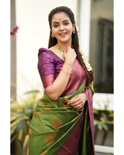 Kavya - Green Soft Banarasi Silk Saree with Copper Jacquard Buttas
