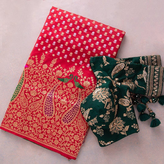 Kaveri – Red Banarasi Silk Saree with Heavy Embroidered Green Blouse