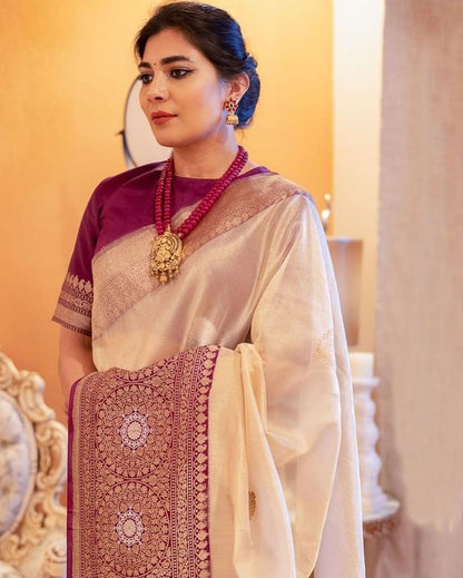 Bhagyam – Beige Soft Banarasi Silk Saree with Wine Jacquard Pallu