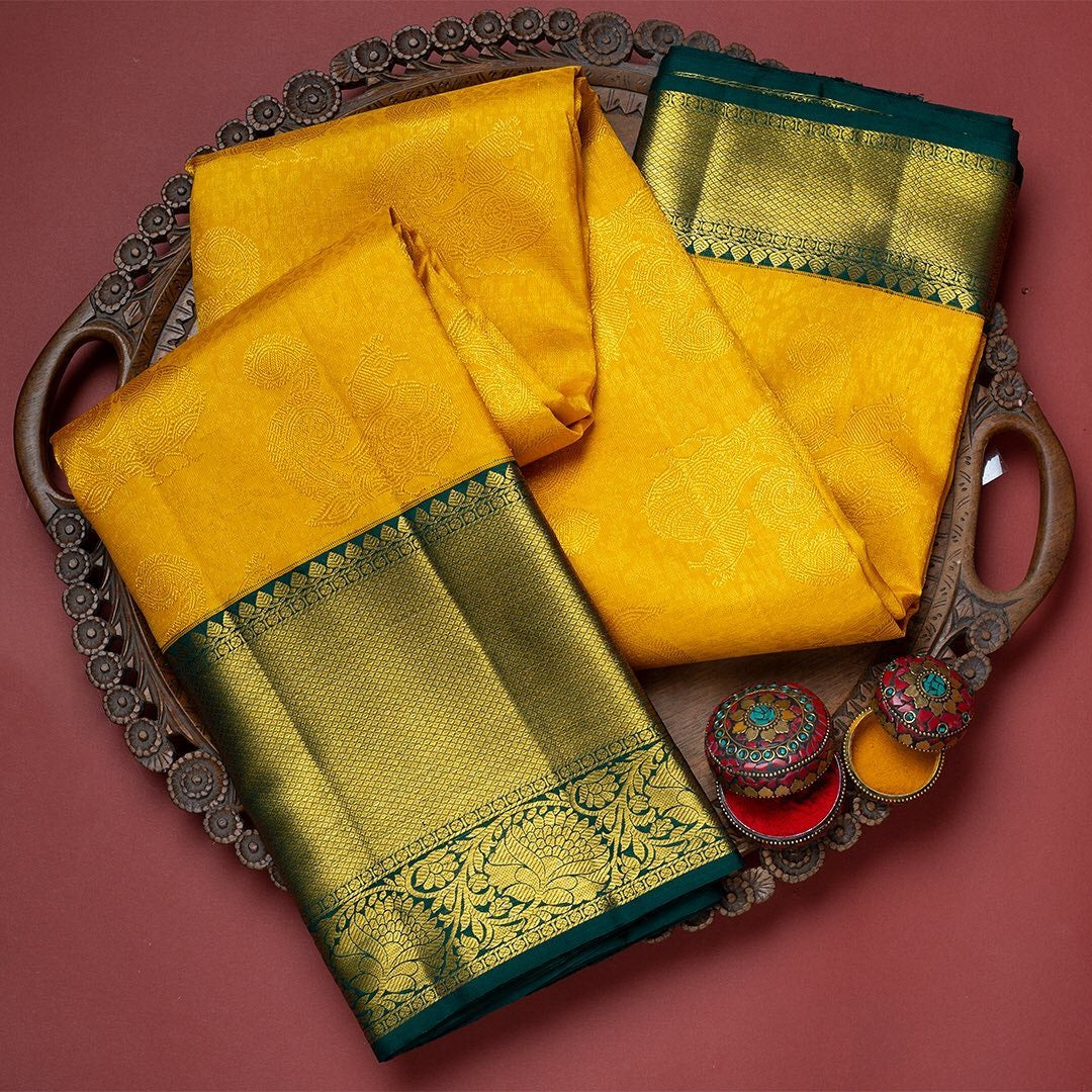 Hemali - Yellow Soft Banarasi Silk Saree with Jacquard Work and Green Dual Blouse Options