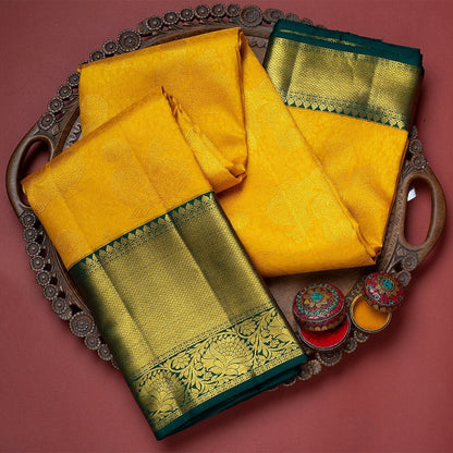 Hemali - Yellow Soft Banarasi Silk Saree with Jacquard Work and Green Dual Blouse Options