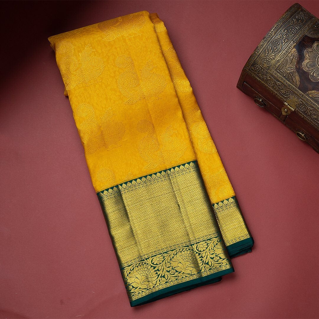 Hemali - Yellow Soft Banarasi Silk Saree with Jacquard Work and Green Dual Blouse Options