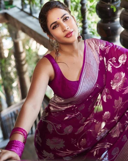 Sitara - Purple Banarasi Silk Saree with Jacquard Weave and Matching Blouse