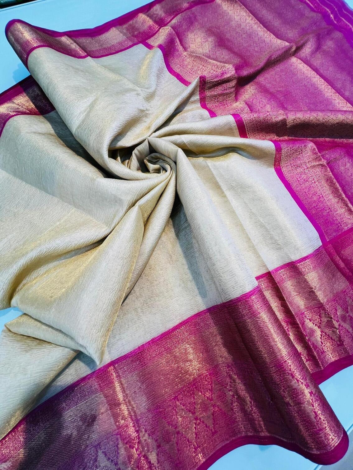 Devanshi - Beige Tissue Silk Saree with Jacquard Weaving Border
