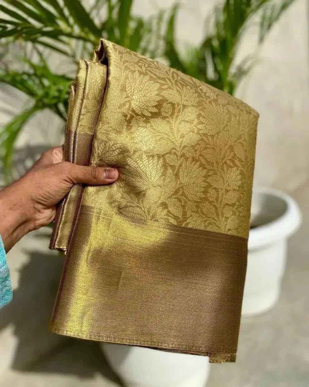 Sulochana – Golden Tissue Silk Saree with Jacquard Weaving Elegance