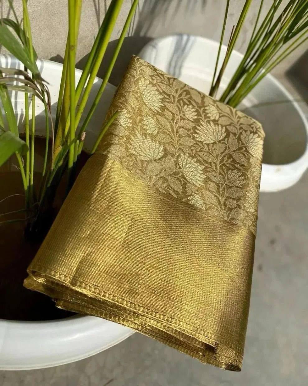 Sulochana – Golden Tissue Silk Saree with Jacquard Weaving Elegance