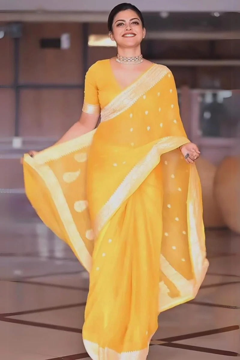 Samaira - Yellow Soft Silk Saree with Subtle Jacquard and Matching Blouse
