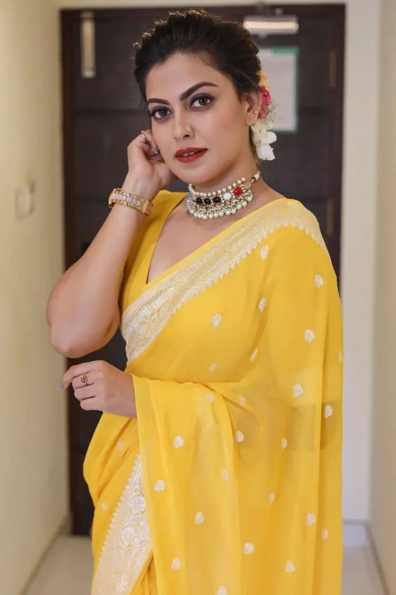 Samaira - Yellow Soft Silk Saree with Subtle Jacquard and Matching Blouse