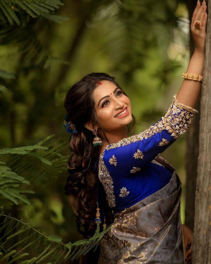 Annapurna - Grey Soft Silk Saree with Jacquard Work and Dual Blue Blouse Options